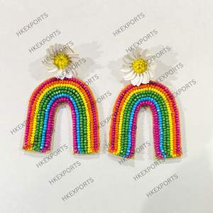 Handmade Gold-Plated Floral Rainbow <b>Beaded</b> Dangle Earrings <b>Colorful</b> Bohemian Style Ethnic Drop Earrings for Women Wedding - Product Image 2