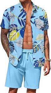 Ventes en gros de chemises et shorts d'été personnalisés de style hawaïen pour hommes, ensembles à manches courtes avec imprimé floral - Product Image 2