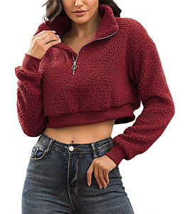 Sudadera CON CAPUCHA DE Sherpa de algodón 100% para mujer, Tops cortos con cremallera de lana esponjosa, sudadera bordada de invierno, abrigo - Product Image 2
