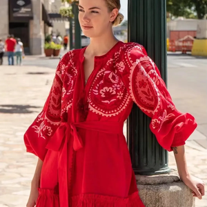 Nouvel arrivage de Mini robe longue imprimée Paisley au look hippie chic pour femme, encolure en V avec pompon, décoration à volants en coton indien - Product Image 3