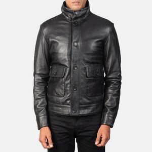 Esta es una chaqueta bomber de cuero negro Columbus para hombre, hecha de piel de oveja. - Product Image 3
