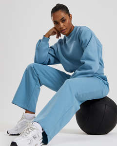 Qualité supérieure Vintage bleu femmes jambe large Joggers éponge polaire taille élastique hiver pantalons de survêtement - Product Image 3