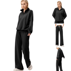 Conjunto de chándales de ocio de talla grande al por mayor, 2 uds., 1/4, jersey de hombro caído con cremallera, pantalones de chándal holgados con dobladillo ajustable, Jersey Suelto - Product Image 6