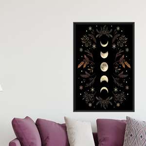 Impresión en lienzo moderna de estilo bohemio con diseño de luna y flores, decoración elegante para pared, con marco negro - Product Image 1