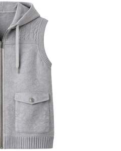 Gilet sans manches en tricot torsadé gris clair pour homme, personnalisé, en laine et acrylique mélangés, fermeture éclair intégrale, pull décontracté d'hiver avec poches - Product Image 4