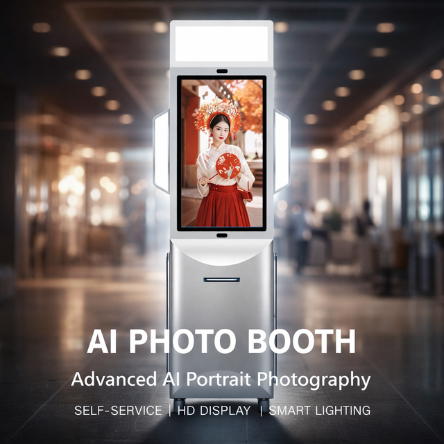 32 Inch Instant Print AI Photo Booth Kiosk with Stylish and Funny Background and Supports Mobile Phone Photo Upload to Print Out