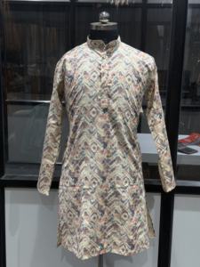 Premium Indian Pakistan Style <b>Men</b>’s Sherwani <b>Kurta</b> – Designer Off-White Geometric Print Wedding Ethnic Wear for B2B Wholesale - Product Image 1