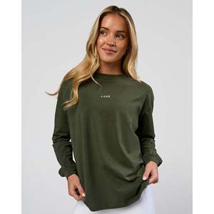 T-shirt oversize à manches longues en coton FLX, couleur olive-blanc uni, modèle indispensable - Product Image 1