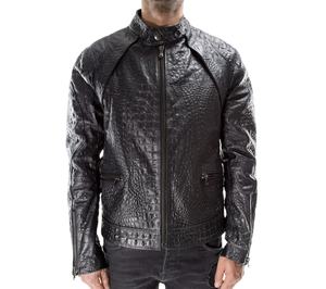 Veste en cuir de python noir haut de gamme, veste de motard en cuir de serpent texturé, col mandarin, fermeture éclair intégrale, design à panneaux, pour homme - Product Image 1