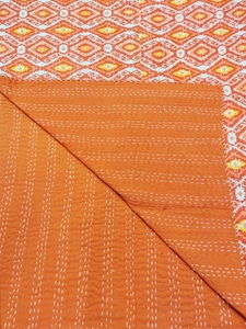 Purely Handcrafted Vintage Kantha Queen Size <b>Bedspread</b> Indian Handmade <b>Quilts</b> Orange Color Ikat Print Eco-friendly Wholesale OEM - Product Image 5