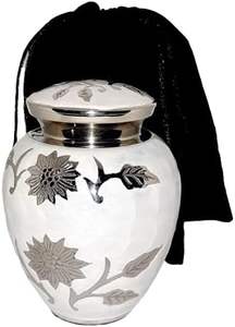 Petit récipient commémoratif d'urne de crémation en laiton de 6x4 pouces-650 ml blanc rare artisanat avec sac belle conception de tournesol - Product Image 5