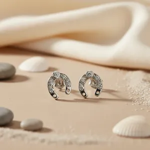 925 Silver Horseshoe <b>Stud</b> Earrings with Natural Stone Vintage Design for Everyday Wear Unisex Jewelry - Product Image 1