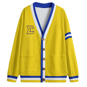 Cárdigan de estilo universitario tejido Sigma Gama Rho Sorority chaqueta amarillo azul rayas emblema cuello en V botón Decoración - Product Image 1