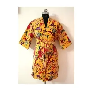 Çok renkli kuş baskı kadife uzun Kimono plaj kıyafeti elbise el yapımı kapak up banyo elbiseler hediye onu hindistan
