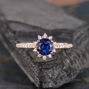 6 mm Round Cut Lab-Grown Blue Sapphire & Moissanite Art Deco Halo Ring Handmade 10K Solid Rose Gold Solitaire Ring - Product Image 1