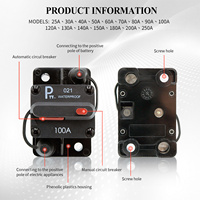 Interruptores de Circuito Automotrices de 12V-48VDC, Montaje Superficial, Impermeables, Reinicio Manual, Tuerca de Acero Inoxidable, Capacidad de Ruptura de 10kA, 25A-250A, Negros