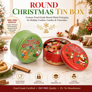 Boîte en métal ronde personnalisée de luxe pour Noël, pour bonbons parfumés, biscuits de Noël, emballage festif pour biscuits - Product Image 1