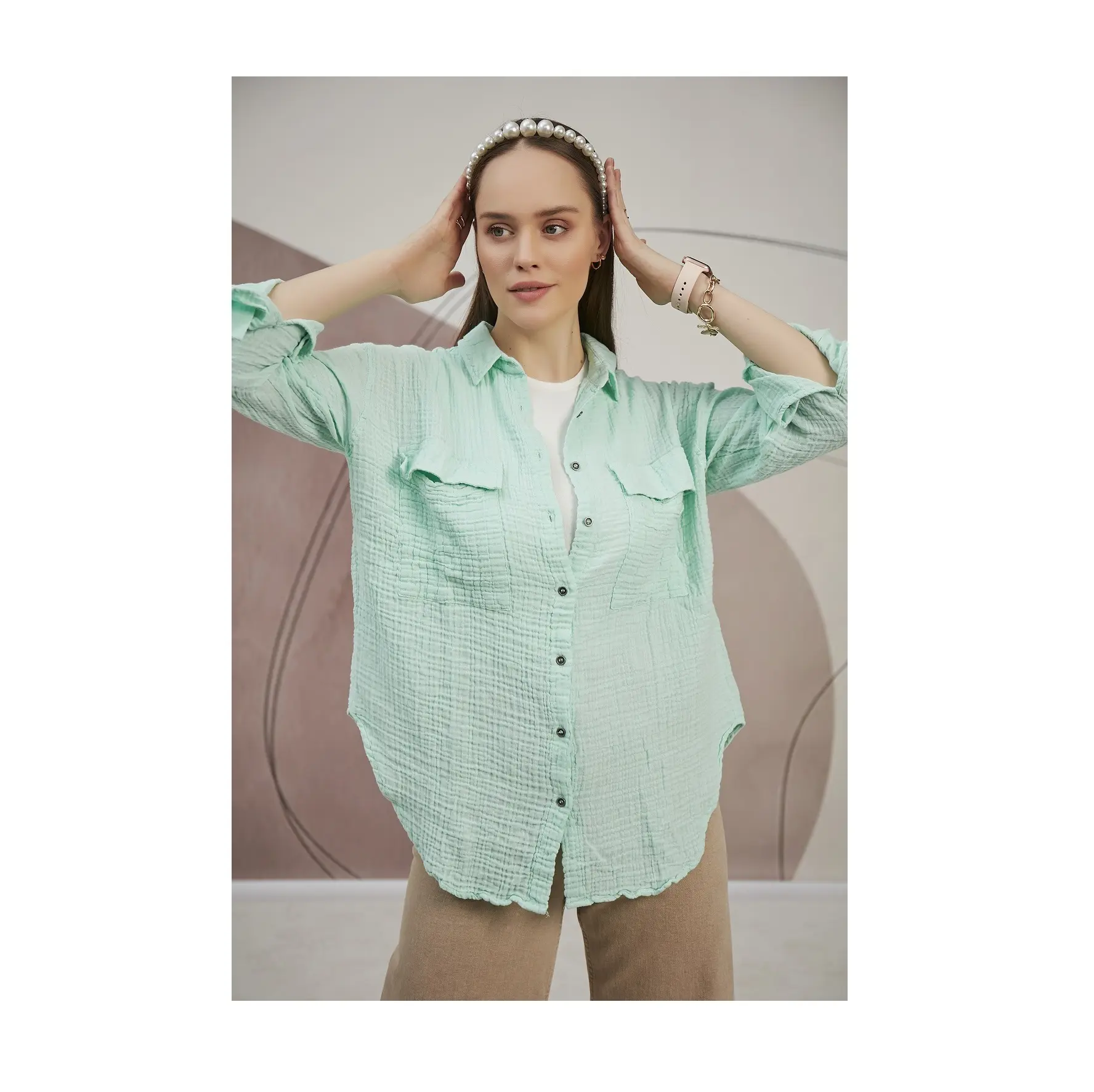 %100 Cotton Women Shirts Green Color Best Premium Quality Long Sleeve Casual Ladies Cotton Shirt From Turkey