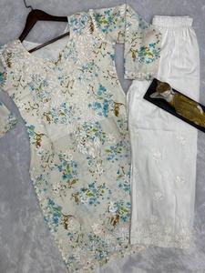 นักออกแบบสไตล์บอลลีวูดสวมใส่ฤดูร้อนที่ได้รับความนิยมมัสลินพิมพ์ดิจิตอลด้วยด้ายฝ้ายปักเสื้อทํางานและกางเกงทํางาน - Product Image 2