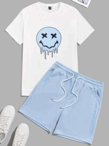 Conjunto informal de dos piezas de verano: Camiseta con estampado de cara sonriente y pantalones cortos amarillos a juego para hombres y adolescentes, ropa de calle - Product Image 5