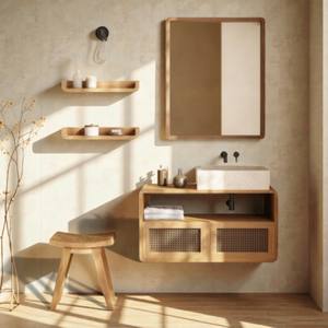 Ensemble de meuble-lavabo de salle de bain en teck massif mural, design scandinave, lavabo moderne avec rangement pour appartement, hôtel - Product Image 6