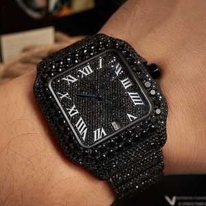 Luxe 41mm Noir Beauté En Acier Inoxydable Analogique Montre-Bracelet Cadran Carré VVS Moissanite Noir Diamant Hip Hop Charme Diamant - Product Image 4