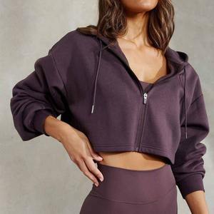 Ropa de calle 2025 personalizada de manga larga de algodón pesado de lana frontal con cremallera completa de gran tamaño para mujer chaqueta recortada con capucha - Product Image 4