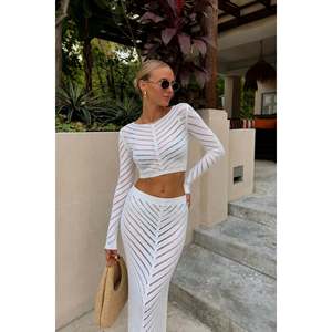 Orgu-Muster Crop-Bluse Maxirock Zweiteiliges Strickset - Gelb - Gelb - Product Image 4