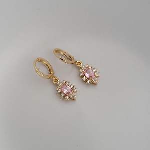 Boucles d'oreilles créoles en argent 925 plaqué or avec quartz rose, style vintage, cadeau pour elle, boucles d'oreilles en quartz - Product Image 4