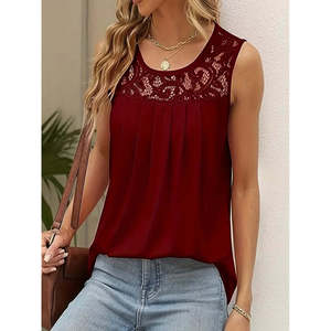 Women'<b>s</b> Strappy Round Neck Viscose <b>Blouse</b> with Lace Detail, 36853 - Burgundy - Product Image 1