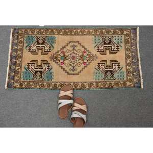 Alfombra Vintage de Lana Turca, Tejido Plano de Látex con Diseño de Retales Bohemios, Beige, Azul, 1,6x3,2 Pies, Decoración de Sala de Estar - Product Image 5