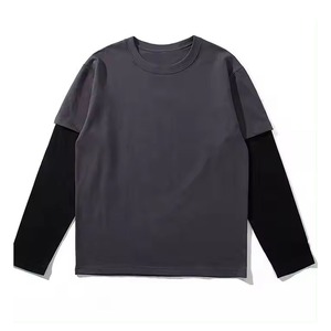 Camiseta de manga larga de doble capa 2 en 1 unisex personalizada al por mayor Camiseta lisa de doble capa de gran tamaño tejida 100% algodón - Product Image 2