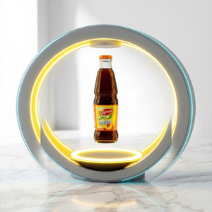 ชั้นวางจอแสดงผลอะคริลิคแบบ LED หมุนได้ ลอยได้ สำหรับโฆษณาเครื่องดื่มในซูเปอร์มอลล์ สีตามสั่ง รับผลิตแบบ OEM ODM - Product Image 1