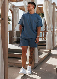 Venta caliente Deep Indigo Oversize Fit 2 piezas de tela de algodón lavado Conjunto de camiseta y pantalones cortos para hombre Gimnasio y entrenamiento Playa y ropa de calle - Product Image 6