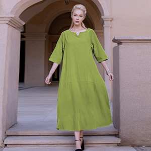 Vestido holgado de lino y algodón para mujer, el mejor vestido de verano de manga corta de talla grande, vestido informal sencillo con cuello redondo de Color sólido para mujer - Product Image 3