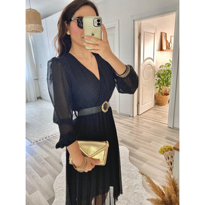 Robe midi évasée à col drapé en tissu mousseline doublée pour femme, 35833 - Noir - Product Image 3