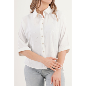 Blusa de Poliéster Blanca con Estampado y Manga Media para Mujer LUSTRIN - Top Informal de Corte Holgado para Uso Diario - Product Image 3