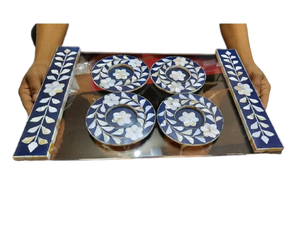 Nouvel ensemble de plateaux de service et de sous-verres en bois avec incrustation de nacre, design optimal, certifié EPCH, couleur personnalisable, hôtels, restaurants - Product Image 4