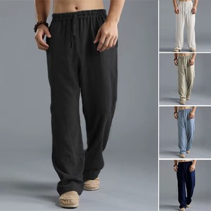 Pantalon basique décontracté en coton et lin de couleur unie pour hommes, jambe droite de grande taille avec coupe ample, style Hip Hop - Product Image 3