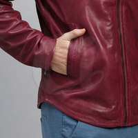 Veste d'hiver en cuir de vache à manches longues pour homme avec col montant respirant et imperméable couleur bordeaux