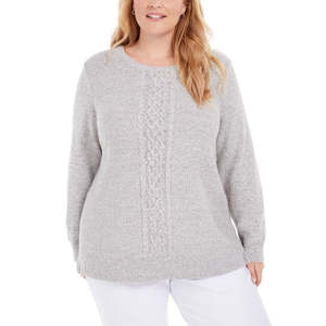 Maglione Vintage da Donna Karen Scott con Pannelli a Treccia, Alta Qualità, Grigio, Traspirante, Decorazione con Bottoni, Taglia Media per l'Autunno - Product Image 1
