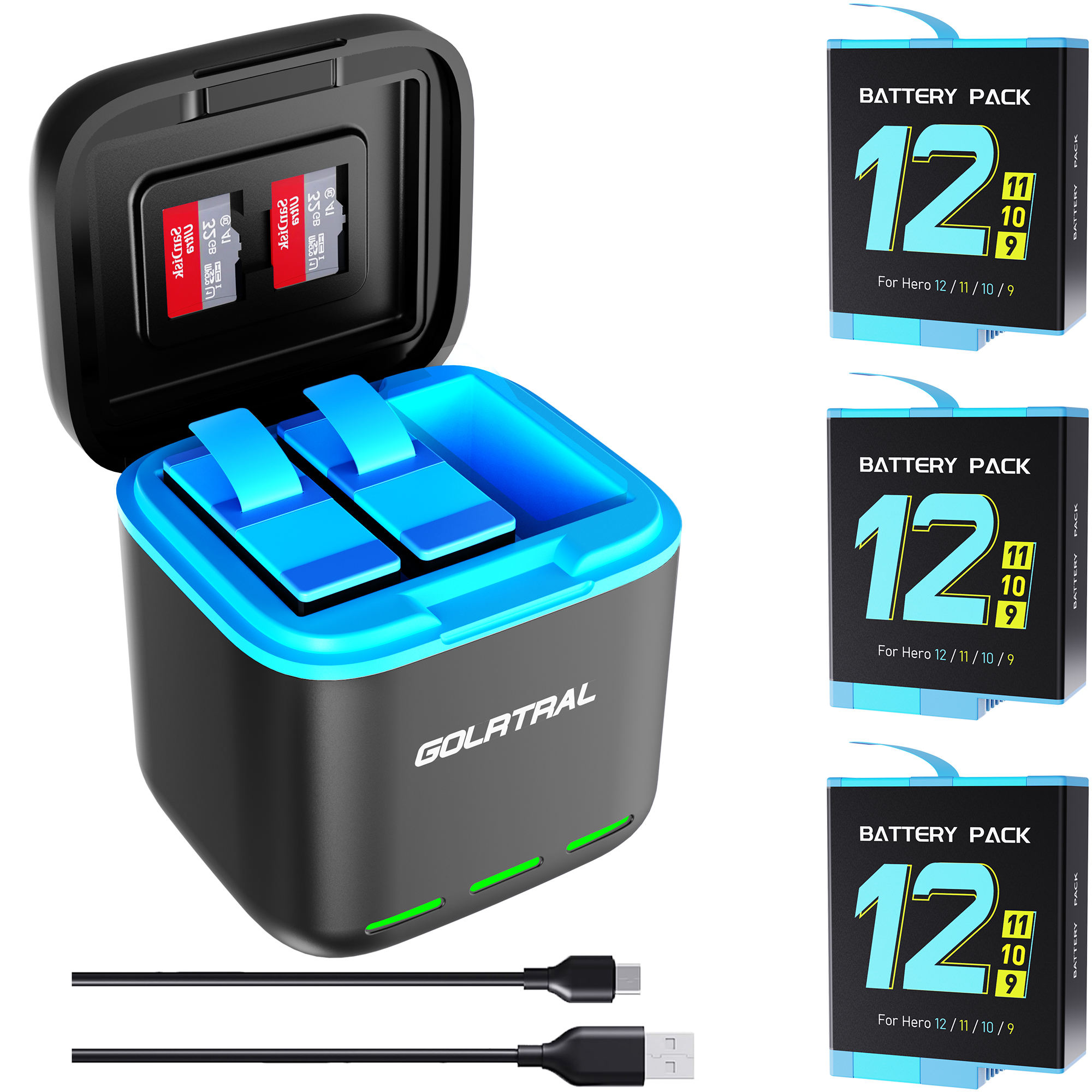 Hongdak New Box with 3ps Fast Charging Battery Kit Set for GoPro Hero 12/11/10/9 Camera for gopro Battery