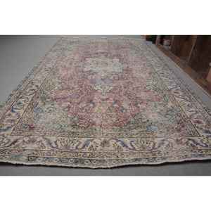 พรมปูพื้นสไตล์ตุรกีโบราณสีเบจสีชมพูขนาด5.4X9.4ฟุตงานปะขนสัตว์ไม้ไผ่ทำด้วยมือวัสดุลาเท็กซ์สำรองสำหรับใช้ชีวิต - Product Image 2