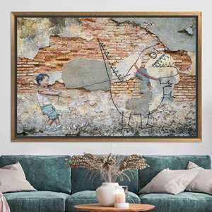 Obra de arte en lienzo con estampado de grafiti de niño moderno y dinosaurio - Pieza decorativa vibrante, lienzo con marco dorado - Product Image 1