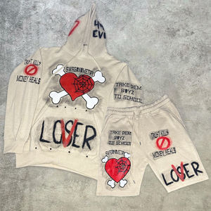 Acid Wash Sun Faded Distressed Vintage Custom Full Zip up Hoodie y Sweat Shorts Set para hombres Verano 100% Algodón Secado rápido - Product Image 4