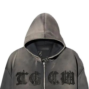 Sweat à capuche balaclava zippé intégral en molleton bouclette double couche, délavé à l'acide, avec logo brodé - Product Image 3