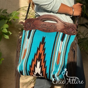 Nuevo bolso de hombro de cuero con flecos de tela Jacquard artesanal de alta calidad, bolso de mano con asa de vaquera de cuero genuino - Product Image 1