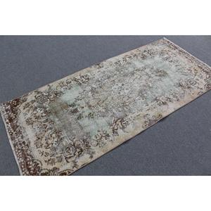 Turkish Rug 3.2x7 ft, <b>Brown</b> Green Check <b>Wool</b> Vintage Rug - Product Image 2