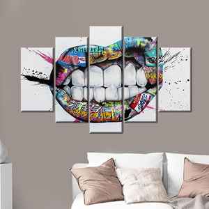 Arte en lienzo Urban Graffiti Lips: decoración de pared moderna impresa, mezcla de 5 piezas: Gallery Wrap - Product Image 1