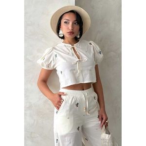 Blusa de Algodón Bordada con Lazo Delantero para Mujer, Color Piedra, Ropa Elegante al por Mayor para Uso Diario - Product Image 1